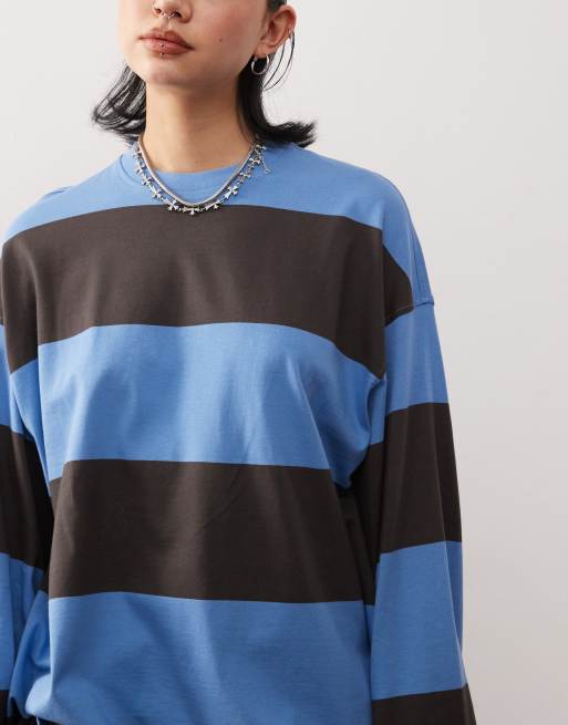 Weekday - Oversized gestreept T-shirt met lange mouwen in blauw en grijs, 4 van 4