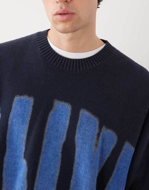 Weekday oversized graphic knit jumper in navy, 3 of 5