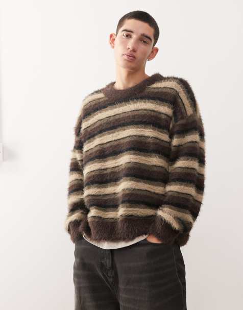 Weekday oversized hairy knit jumper in brown stripe - view 1