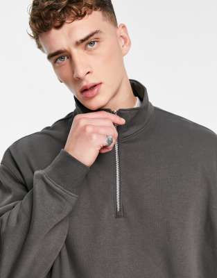 Weekday Oversized Halfzip Sweatshirt In Gray-green In Black