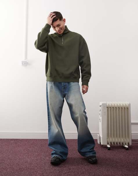 Weekday oversized heavyweight jersey half zip sweatshirt in khaki - view 1