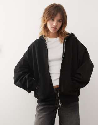 Weekday Oversized Heavyweight Jersey Zip Through Hoodie In Black