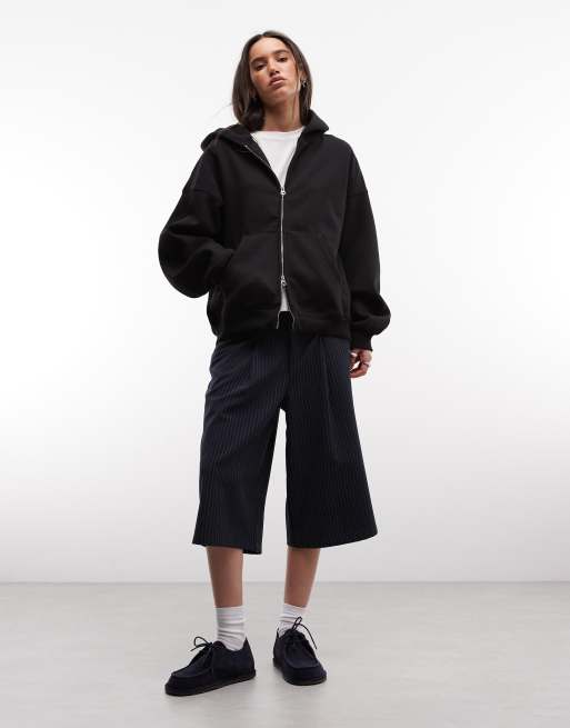 Weekday oversized heavyweight jersey zip through hoodie in black, 2 of 4