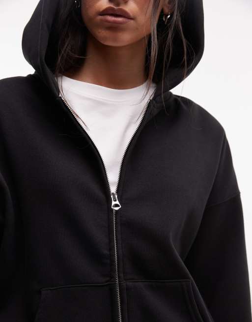 Weekday oversized heavyweight jersey zip through hoodie in black, 3 of 4
