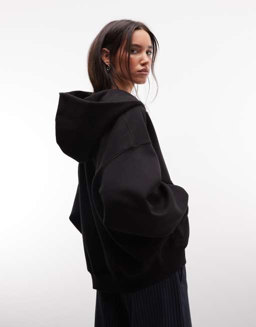 Weekday oversized heavyweight jersey zip through hoodie in black, 4 of 4