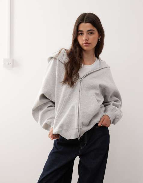 Weekday oversized heavyweight zip through jersey hoodie in gray melange - view 1