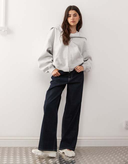 Weekday oversized heavyweight zip through jersey hoodie in grey melange