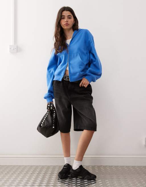 Weekday oversized heavyweight zip up jersey hoodie in blue