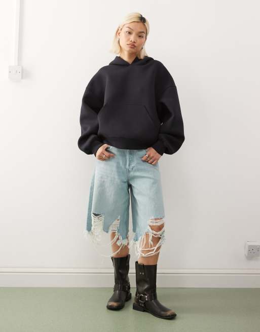 Weekday  oversized hoodie in navy in scuba-style fabric, 3 of 4