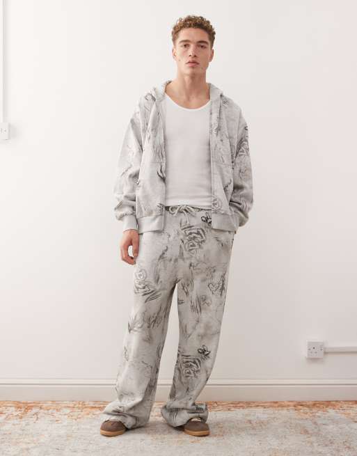 Weekday - Oversized hoodie met rechte pasvorm, rits en grafische schetsprint in gemêleerd grijs, deel van co-ord set, 2 van 5