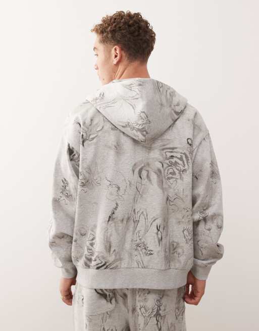 Weekday - Oversized hoodie met rechte pasvorm, rits en grafische schetsprint in gemêleerd grijs, deel van co-ord set, 3 van 5