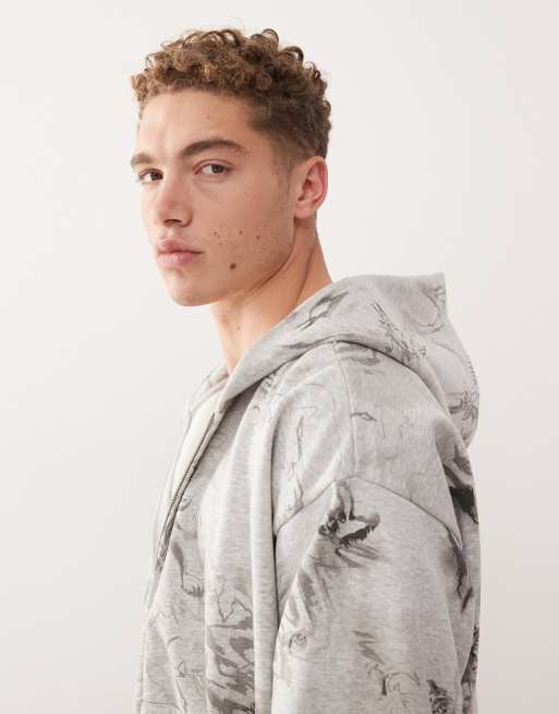 Weekday - Oversized hoodie met rechte pasvorm, rits en grafische schetsprint in gemêleerd grijs, deel van co-ord set, 4 van 5