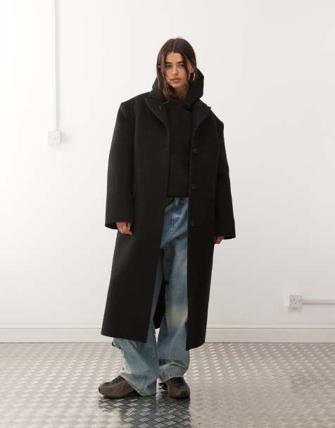 Weekday - Oversized jas van wolmix met overdreven schouders in zwart met visgraatmotief - view 1