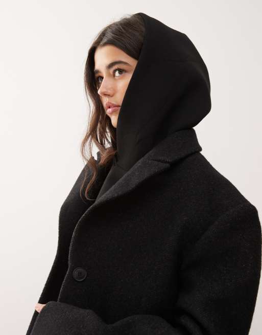 Weekday - Oversized jas van wolmix met overdreven schouders in zwart met visgraatmotief, 3 van 4