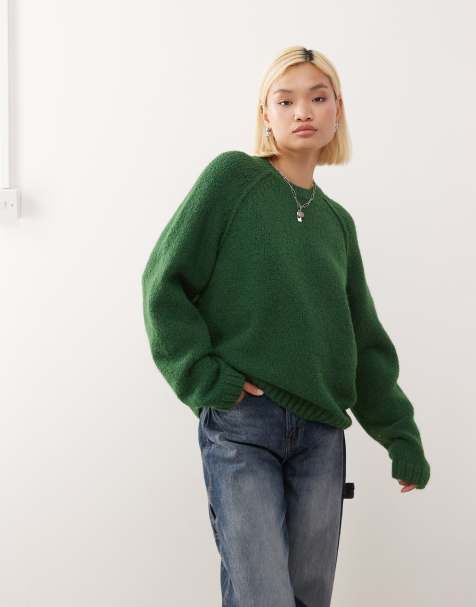 Weekday oversized jumper in slub yarn with reversed seams in dark green - view 1