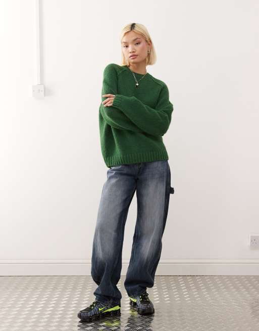 Weekday oversized jumper in slub yarn with reversed seams in dark green, 2 of 4
