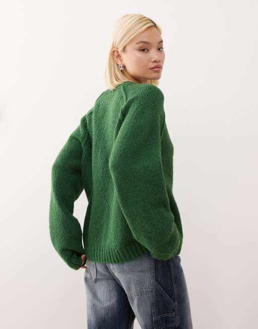 Weekday oversized jumper in slub yarn with reversed seams in dark green, 3 of 4