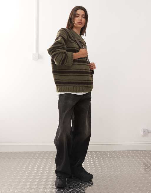 Weekday oversized jumper in slub yarn with reversed seams in dark khaki & brown stripe, 3 of 4