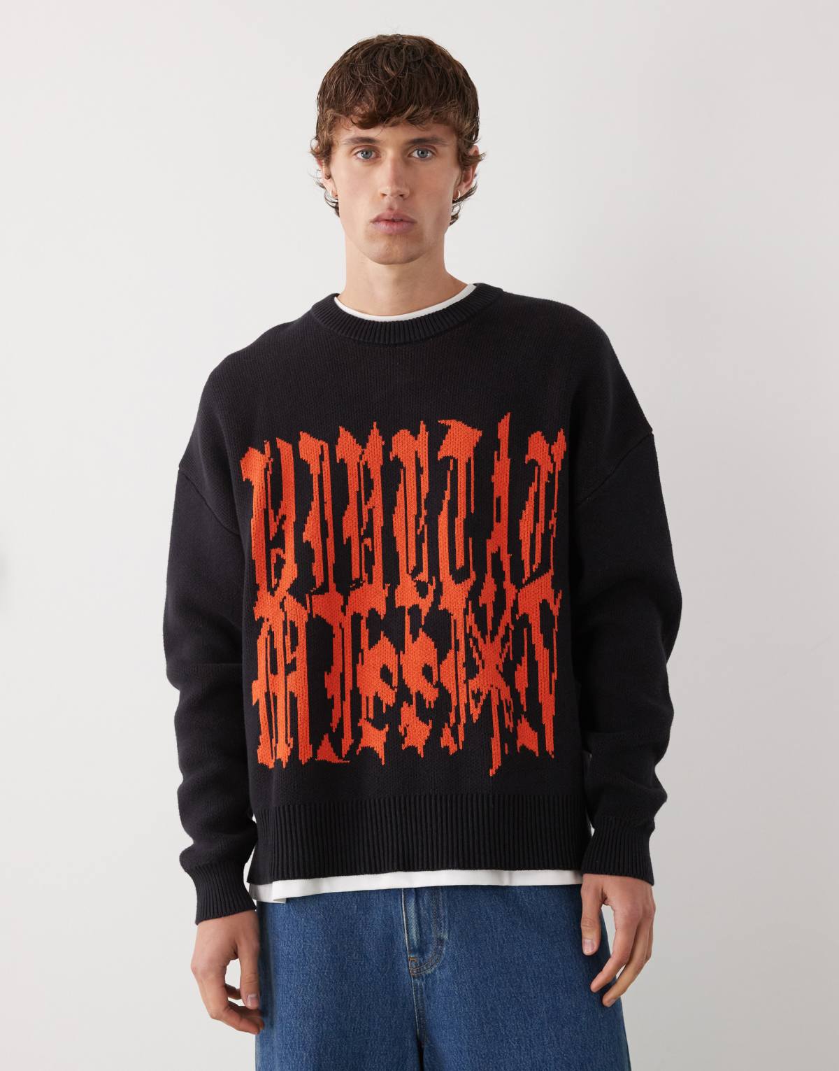 Weekday oversized jumper with red graphic jaqcuard in black