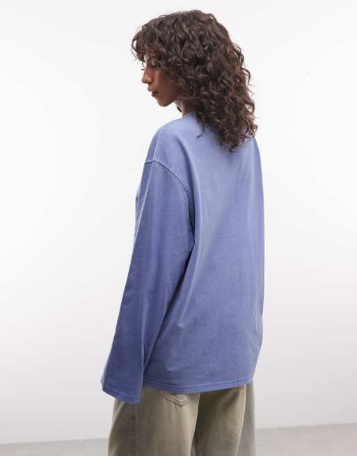 Weekday oversized långärmad t-shirt i blå tvätt, 4 av 4