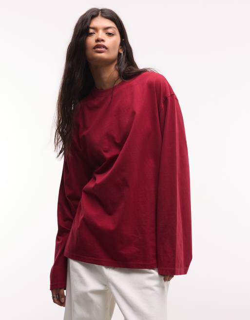 Weekday oversized langærmet T-shirt i kirsebærrød, 2 af 4