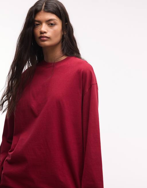 Weekday oversized langærmet T-shirt i kirsebærrød, 4 af 4