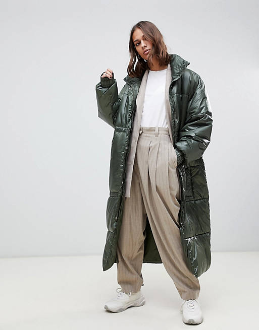 Weekday oversized long padded jacket in green