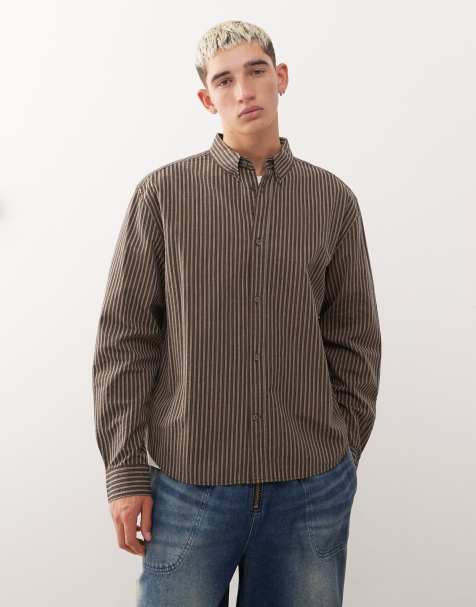 Weekday oversized long sleeve shirt in brown stripe - view 1