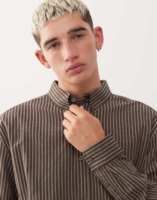 Weekday oversized long sleeve shirt in brown stripe