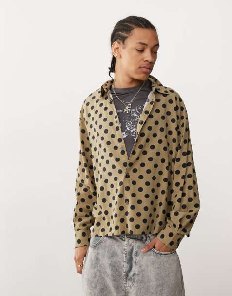 Weekday oversized long sleeve shirt in khaki with black polka dots - view 1