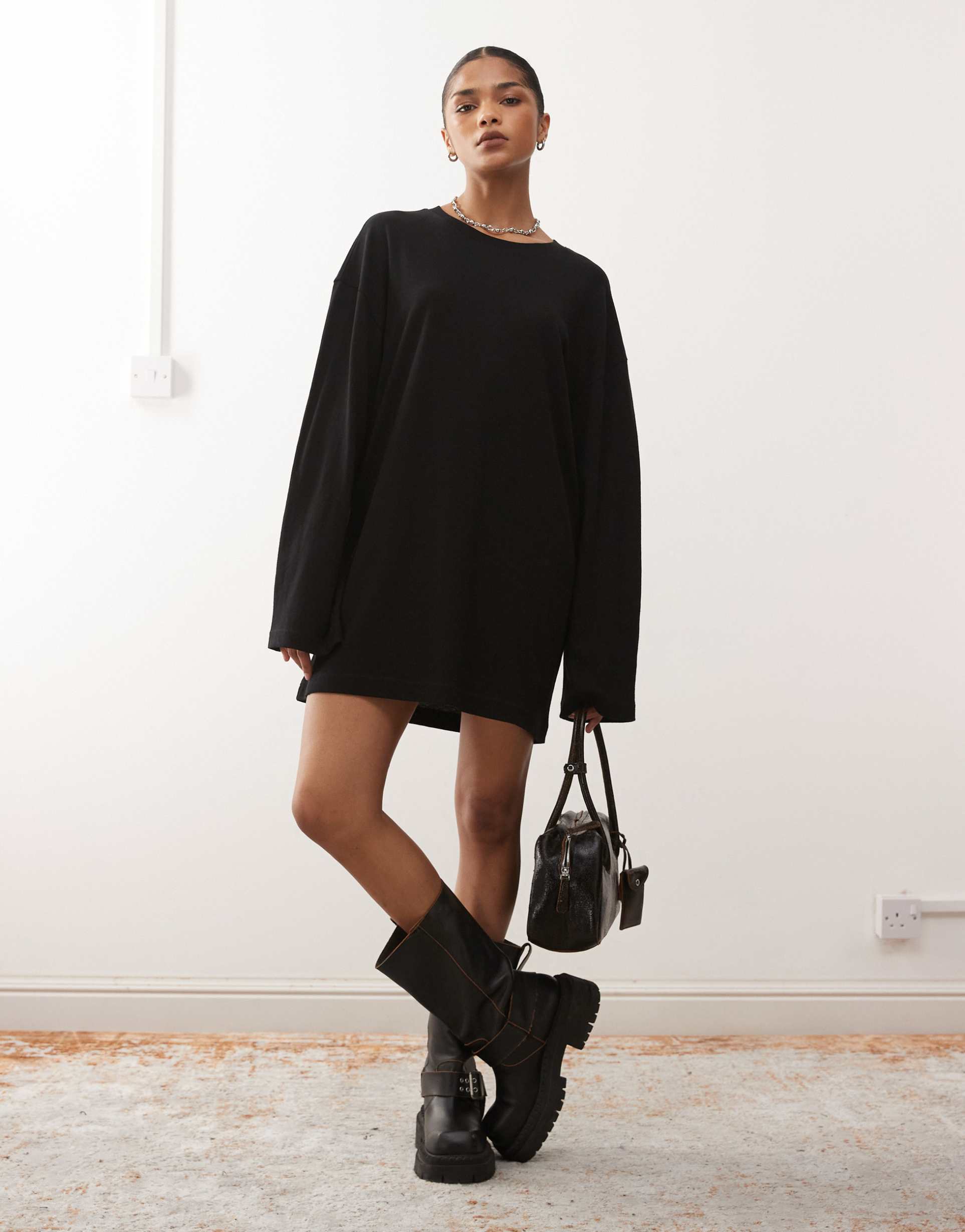 weekday oversized long sleeve t-shirt dress in black
