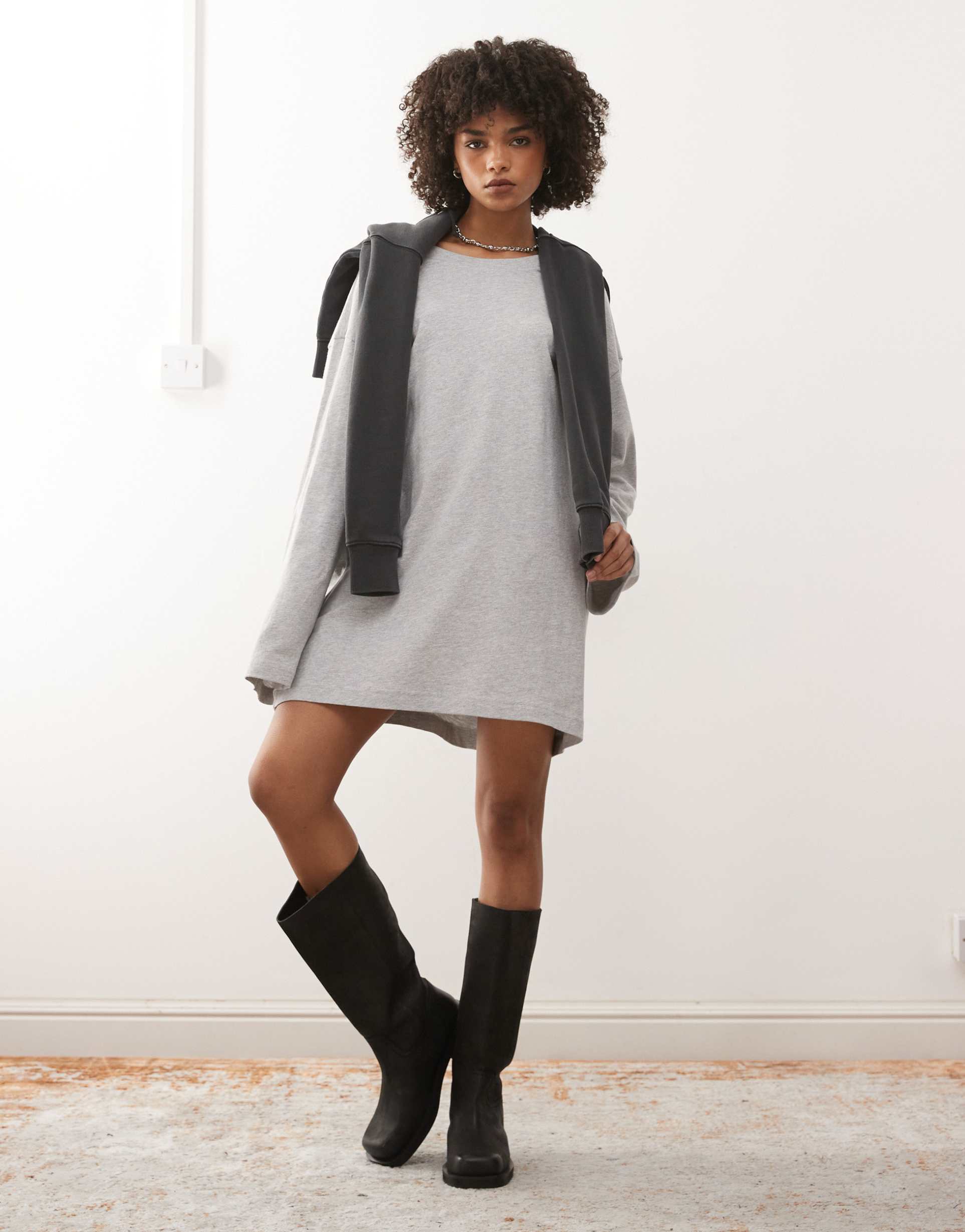 weekday oversized long sleeve t-shirt dress in gray melange