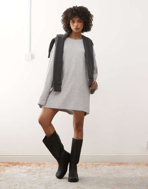 Weekday oversized long sleeve t-shirt dress in grey melange
