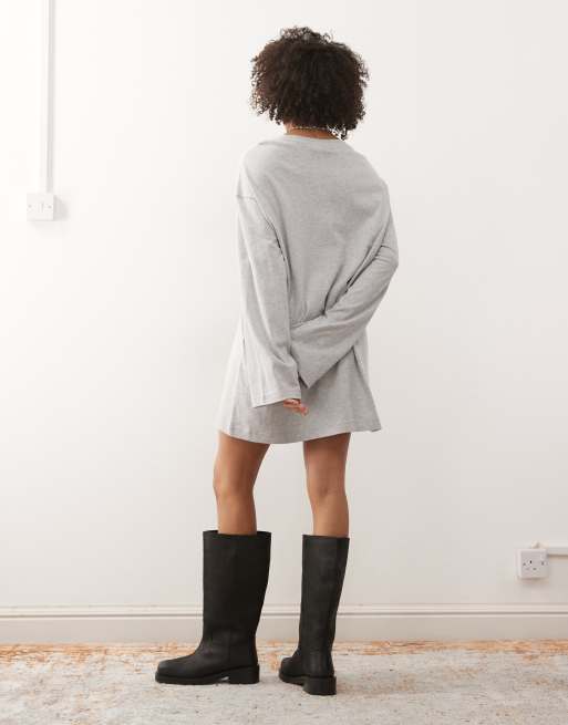 Weekday oversized long sleeve t-shirt dress in grey melange, 4 of 4