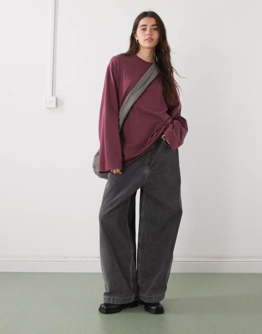 Weekday oversized long sleeve t-shirt in burgundy, 2 of 4