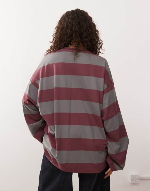 Weekday oversized long sleeve T-shirt in gray & burgundy stripe - Exclusive to ASOS, 3 of 4