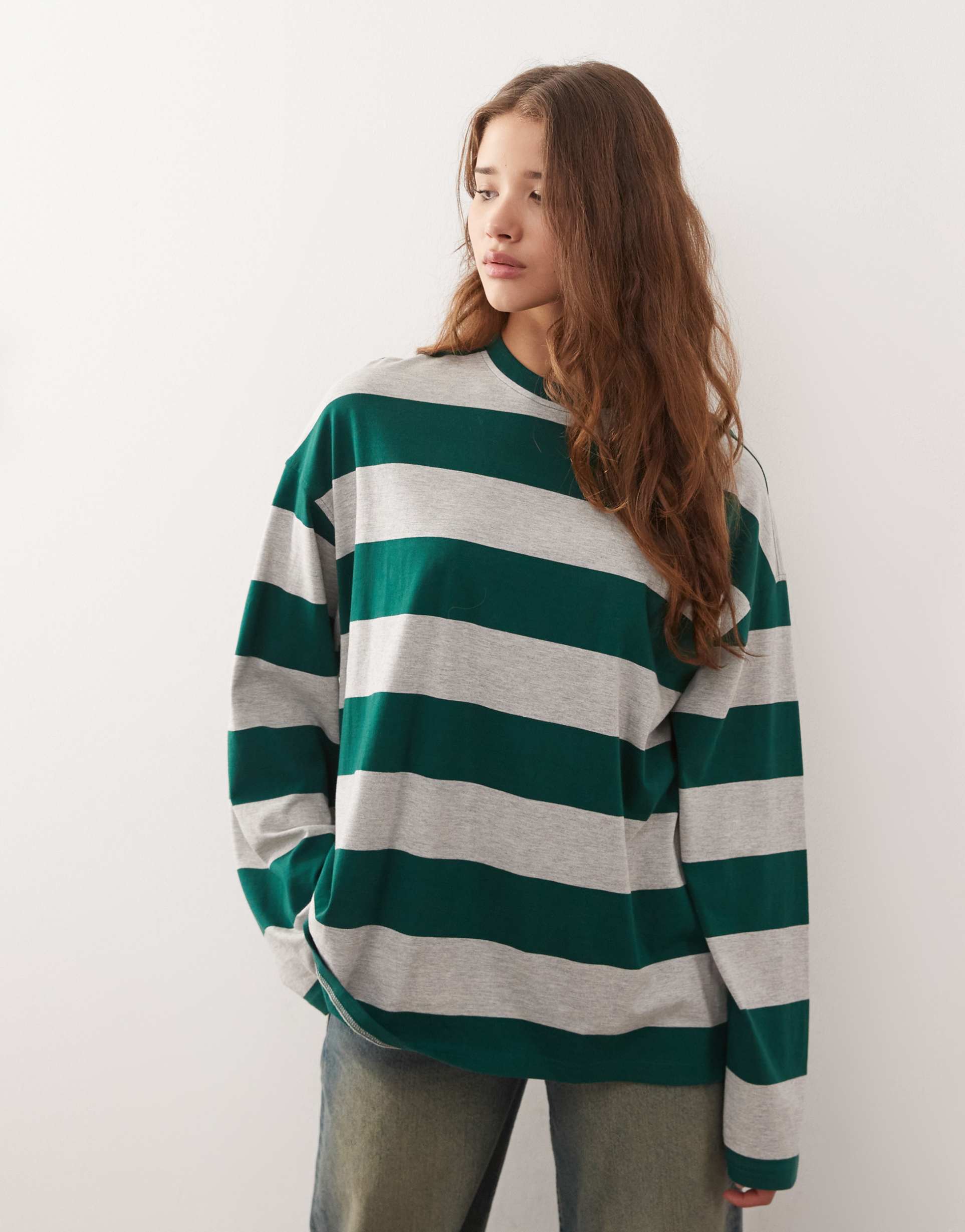 weekday oversized long sleeve t-shirt in green & gray melange stripe exclusive to asos