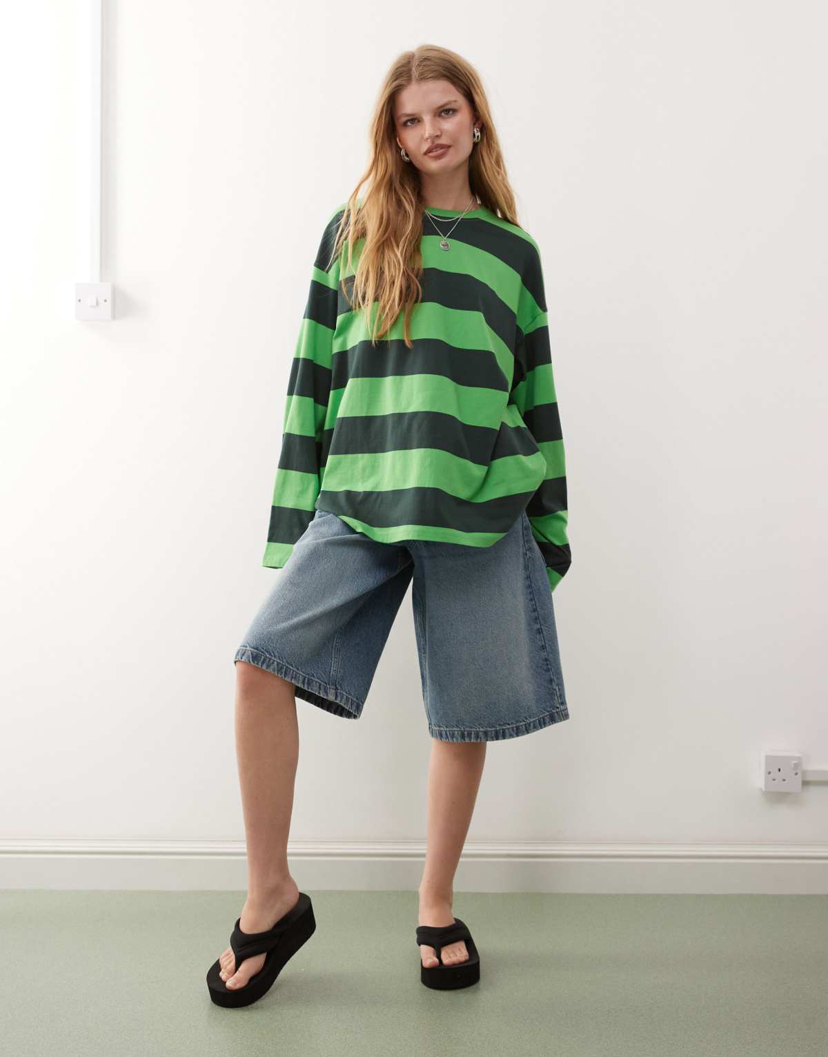 Weekday oversized long sleeve t-shirt in green stripe