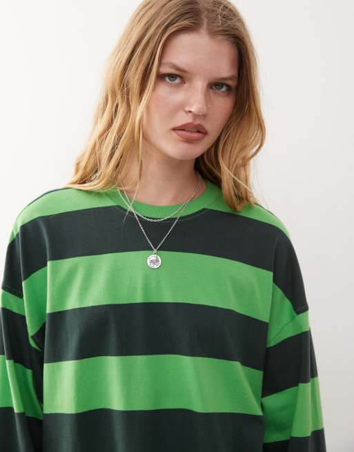Weekday oversized long sleeve t-shirt in green stripe, 2 of 4