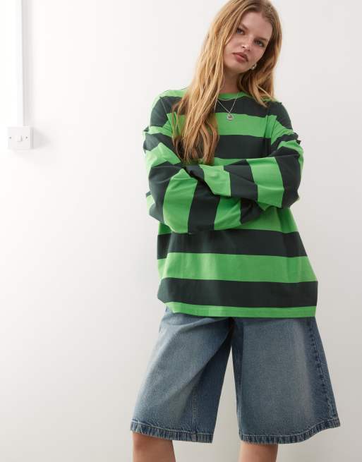 Weekday oversized long sleeve t-shirt in green stripe, 3 of 4
