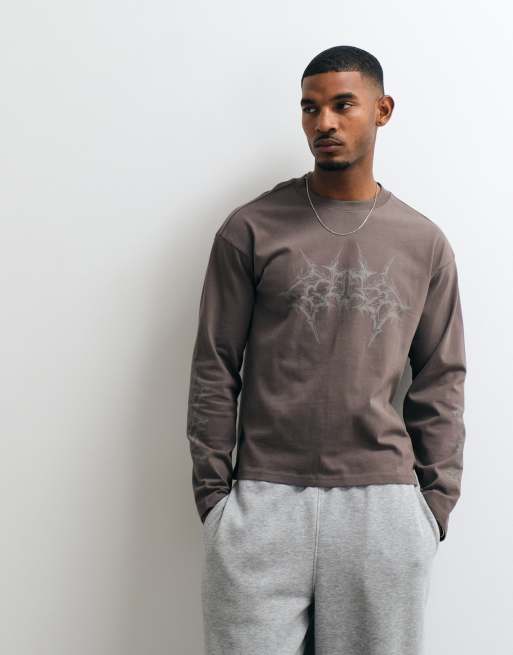 Weekday oversized long sleeve t-shirt with masterplan graphic print in grey, 5 of 5
