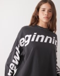 [Weekday] Weekday oversized long sleeve t-shirt with new beginning graphic print in off black M Off-black