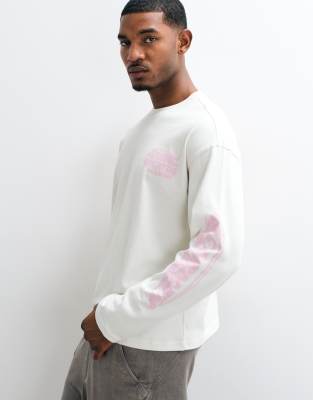 Weekday oversized long sleeve t-shirt with pink graphics in white