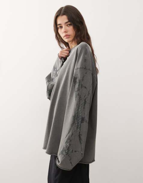 Weekday oversized long sleeve t-shirt with rhinestone sleeve detail in off-black - view 1