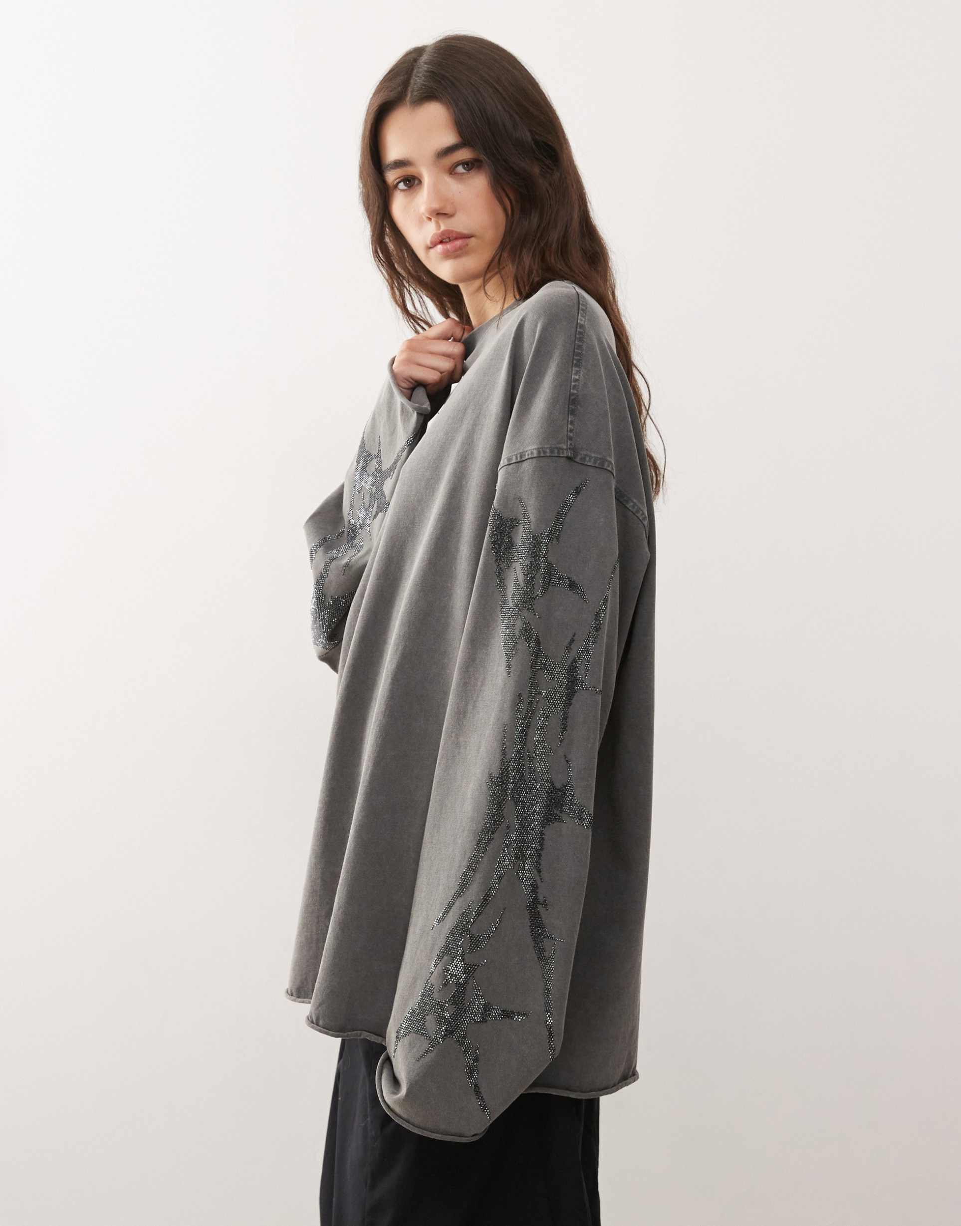 weekday oversized long sleeve t-shirt with rhinestone sleeve detail in off-black