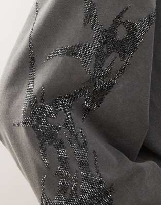 Weekday Oversized Long Sleeve T-shirt With Rhinestone Sleeve Detail In Gray