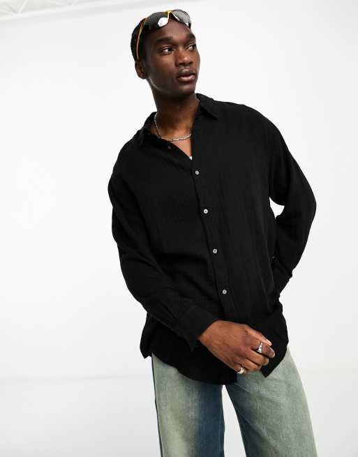 Weekday oversized long sleeve textured shirt in black | ASOS