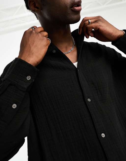 Weekday oversized long sleeve textured shirt in black