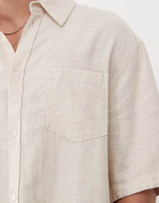 Weekday - Oversized og beige skjorte i hørblanding med firkantet pasform og korte ærmer, 4 af 4