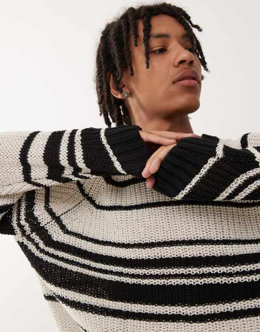 Weekday oversized open knit jumper in beige stripe, 2 of 4